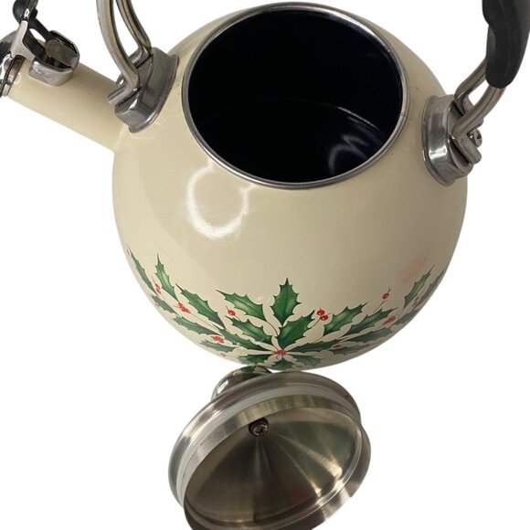 Lenox Holiday Holly Tea Whistling Kettle 2.5 Qt Cream Enamel Christmas Decor - Picture 6 of 7